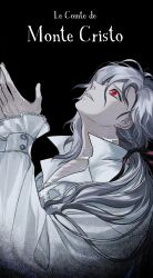 1boy black_background easel_(dam0628) edmond_dantes_(fate) fate/grand_order fate_(series) french_text grey_hair hair_ribbon highres long_hair low_ponytail male_focus multiple_scars open_mouth ponytail red_eyes ribbon scar shirt simple_background solo the_count_of_monte_cristo_(fate) upper_body white_shirt