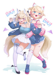 Rule 34 | 2girls, absurdres, animal ear fluff, animal ears, asymmetrical legwear, atpoppet, bandaid, bandaid on leg, blonde hair, blue boots, blue camisole, blue eyes, blue hair, blue jacket, blue nails, blush, boots, breasts, camisole, collarbone, dog ears, dog girl, dog tail, full body, fuwawa abyssgard, fuwawa abyssgard (casual), hair ornament, highres, hololive, hololive english, jacket, large breasts, looking at viewer, mococo abyssgard, mococo abyssgard (casual), multicolored hair, multiple girls, official alternate costume, open mouth, pink eyes, pink hair, pink nails, siblings, simple background, sisters, skirt, smile, socks, streaked hair, tail, thighhighs, twins, virtual youtuber, white background, white skirt, white socks, white thighhighs, x hair ornament