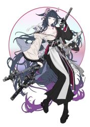 1girl arknights black_hair black_kimono black_sash black_shoes blue_eyes full_body hair_intakes hair_ornament hair_wings highres japanese_clothes katana kimono long_hair long_sleeves looking_at_viewer minuolin mio_(arknights) obi obiage obijime sarashi sash shoes solo sword two-tone_kimono very_long_hair weapon white_kimono wide_sleeves