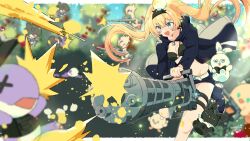 1girl :d absurdres bao_bao_(dokibird) black_bra black_hairband black_hoodie black_shorts blonde_hair blurry blurry_background bra breasts cleavage dokibird_(vtuber) dokibird_(vtuber)_(retro_doki) dragoon_(dokibird) dragoon_(selen_tatsuki) fang feet_out_of_frame firing gatling_gun green_eyes gun hairband highres hood hoodie indie_virtual_youtuber long_hair mei_mei_(dokibird) n4391 nijisanji nijisanji_en open_mouth shorts small_breasts smile twintails underwear virtual_youtuber weapon