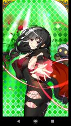1girl backless_outfit black_dress black_gloves black_hair bra braid dress eryutono_(uchihime) from_side gloves grey_hair highres long_hair looking_at_viewer multicolored_hair pomme_(uchihime) purple_eyes red_bra single_braid spread_fingers uchi_no_hime-sama_ga_ichiban_kawaii underwear wide_sleeves