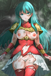 1girl absurdres after_vaginal aftersex aqua_eyes aqua_hair armor breasts broken_armor bruise censored cum cum_in_pussy dirty doriane_dojin dress eirika_(fire_emblem) expressionless fire_emblem highres injury large_breasts long_hair looking_at_viewer mosaic_censoring navel nintendo nipples no_panties red_dress red_thighhighs skindentation solo stomach thick_thighs thighhighs thighs torn_clothes torn_dress wide_hips