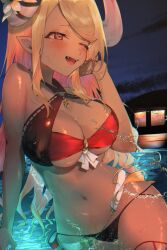 Rule 34 | 1girl, arumu, blonde hair, breasts, dark-skinned female, dark skin, draph, fang, granblue fantasy, halterneck, hand in own hair, highres, horns, kumbhira (granblue fantasy), kumbhira (summer) (granblue fantasy), large breasts, navel, partially submerged, red eyes, sidelocks, smile, solo, swimsuit