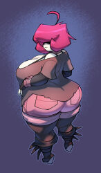 1girl ahoge ass bigdad blue_background bra breasts cleavage closed_mouth collar covered_eyes curvy fingerless_gloves fold-over_boots from_behind gazlene_membrane gloves goth_fashion hair_over_eyes huge_ass huge_breasts invader_zim looking_back pantyhose pantyhose_under_shorts pink_hair pink_shorts shirt short_hair short_sleeves shorts simple_background solo standing thick_thighs thighs underwear