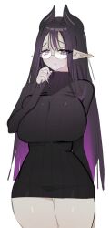 1girl black_hair black_sweater breasts closed_mouth cowboy_shot cropped_legs demon_girl demon_horns dress eeeeee03714610 fingernails glasses hand_up highres horns large_breasts long_hair long_sleeves looking_at_viewer monster_girl multicolored_hair nail_polish original pointy_ears purple_eyes purple_hair ribbed_sweater semi-rimless_eyewear simple_background skindentation solo standing sweater sweater_dress thigh_gap thighs turtleneck turtleneck_sweater under-rim_eyewear very_long_hair white_background