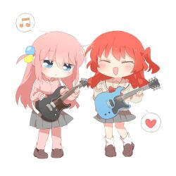 2girls blue_eyes bocchi_the_rock! brown_shoes closed_eyes closed_mouth deformed electric_guitar full_body gotoh_hitori grey_skirt guitar heart holding holding_guitar holding_instrument instrument jacket kita_ikuyo long_hair long_sleeves miniskirt multiple_girls musical_note one_side_up open_mouth pink_hair pink_jacket pleated_skirt rebecca_(keinelove) red_hair school_uniform shoes simple_background skirt socks standing white_background white_socks