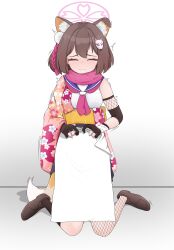 Rule 34 | 1girl, absurdres, animal ears, blue archive, blush, boots, breasts, brown hair, cat ears, closed eyes, closed mouth, female focus, fox tail, highres, izuna (blue archive), japanese clothes, lmc (pivix), short hair, simple background, small breasts, solo, tail, towel, trembling, white background