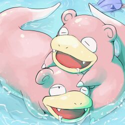 absurdres creatures_(company) fangs game_freak gen_1_pokemon highres nintendo no_humans open_mouth outdoors pink_fur pokemon pokemon_(creature) shellder slowpoke spicyichizo water