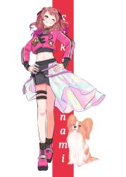 Rule 34 | 1girl, ;d, belt, black shirt, black skirt, blush, brown hair, character name, commentary, cropped jacket, cropped shirt, earrings, fighting my way (idolmaster), full body, gakuen idolmaster, hanami saki, hands on own hips, highres, hoop earrings, idolmaster, jacket, jewelry, long hair, long sleeves, navel, official alternate costume, one eye closed, open mouth, papillon (dog), red jacket, red shoes, shirt, shoes, skirt, smile, solo, thigh belt, thigh strap, toned, toned female, two side up, yokoya inori