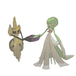 1girl ^_^ aegislash black_sclera blush blush_stickers bob_cut bright_pupils closed_eyes colored_sclera colored_skin facing_another female_focus flat_chest full_body gardevoir gen_3_pokemon gen_6_pokemon green_hair green_skin hair_over_one_eye half-closed_eyes handshake looking_at_another multicolored_skin napopo nintendo no_mouth one_eye_covered outstretched_arm pokemon pokemon_(creature) purple_eyes shield short_hair simple_background standing sword two-tone_skin weapon white_background white_pupils white_skin