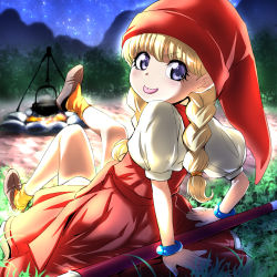 1girl aged_down blonde_hair blue_eyes blush bracelet braid campfire camping dragon_quest dragon_quest_xi dress female_focus fire fireplace forest grass hair_ornament hat jewelry leaning leaning_back leg_up looking_at_viewer looking_back mountain nakahira_guy nature night night_sky outdoors pot puffy_sleeves red_dress shoes sitting sky socks staff star_(sky) starry_sky tongue tongue_out veronica_(dq11)