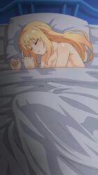 1girl anime_screenshot bare_shoulders blonde_hair breasts closed_eyes hetero highres imouto_wa_gal_kawaii large_breasts long_hair mizusawa_rine mizusawa_rino night nude on_bed open_mouth panties pantyhose purple_eyes shiny_skin sleeping stitched third-party_edit underwear white_bed
