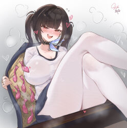 1girl :d artist_name black_choker black_hair black_jacket black_skirt blunt_bangs blush breasts chinese_commentary choker cleavage commentary_request condom condom_belt crossed_legs cum cum_on_clothes dutch_angle fang feet_out_of_frame from_below goddess_of_victory:_nikke gradient_background grey_background half-closed_eyes hand_up heart heavy_breathing highres huge_breasts jacket jewelry long_hair looking_at_viewer miniskirt mixed-language_commentary mole mole_under_eye naughty_face nose_blush off_shoulder open_clothes open_jacket open_mouth opened_by_self pantyhose pencil_skirt red_eyes ring saliva see-through_clothes see-through_shirt shirt sia233333 side_slit sitting skirt smile solo sora_(nikke) steaming_body sweat teeth thighs twintails upper_teeth_only used_condom wet wet_clothes wet_shirt white_background white_pantyhose white_shirt