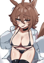 1girl absurdres agnes_tachyon_(umamusume) ahoge alternate_costume animal_ears bikini black_bikini black_choker black_thighhighs breasts brown_hair chemical_structure choker cleavage coat commentary commentary_request earrings english_commentary hair_between_eyes highres horse_ears horse_girl horse_tail iog626 jewelry lab_coat large_breasts looking_at_viewer messy_hair navel open_clothes open_coat open_mouth red_eyes short_hair simple_background single_earring sitting sleeves_past_fingers sleeves_past_wrists smile solo stomach swimsuit tail thighhighs umamusume white_background white_coat