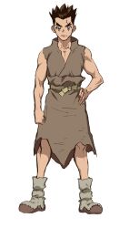 Rule 34 | 1boy, anime coloring, brown eyes, brown hair, brown skirt, closed mouth, collarbone, collared shirt, cracked skin, dr. stone, full body, hand on own hip, highres, iwase yuuko (artist), looking at viewer, male focus, muscular, muscular male, official art, ooki taiju, rope, rope belt, shirt, shoes, short hair, simple background, skirt, sleeveless, sleeveless shirt, solo, standing, thick eyebrows, transparent background, v-shaped eyebrows