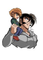 1990s_(style) 1boy 1girl 2025 aged_down black_hair blue_overalls brown_eyes brown_hair child dated eye_contact getter_robo getter_robo_go green_shirt grey_hoodie highres hood hood_down hoodie ishikawa_ken_(style) jin_hayato long_sleeves looking_at_another miroku_(miroku_t) official_style overalls retro_artstyle shirt short_hair sideburns sitting_on_shoulder smile tachibana_shou