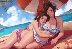 2girls aerith_gainsborough aerith_gainsborough_(pink_mermaid) beach beach_umbrella bikini bikini_skirt breasts cleavage exlic final_fantasy final_fantasy_vii final_fantasy_vii_rebirth final_fantasy_vii_remake flower frilled_bikini frilled_bikini_top frills hair_flower hair_ornament hug large_breasts lying medium_breasts microskirt multiple_girls ocean official_alternate_costume official_alternate_hairstyle on_side pink_bikini skirt smile swimsuit thong_bikini tifa_lockhart tifa_lockhart_(shining_spirit) umbrella white_bikini