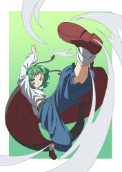 1girl black_cape blue_shorts cape full_body green_background green_eyes green_hair grin gyouza_(mhea5724) highres kicking long_sleeves medium_hair red_shoes shirt shoes shorts smile socks solo teeth touhou white_shirt white_socks wriggle_nightbug