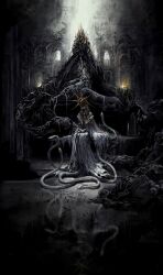 1boy aldrich_devourer_of_gods covered_eyes dark_souls_(series) dark_souls_iii dark_sun_gwyndolin dress full_body gold_headwear gold_necklace grey_dress helmet helmet_over_eyes highres indoors jewelry male_focus necklace robe sitting slime_(creature) snake solo spiked_helmet spiked_necklace sun_symbol tworain_w white_robe