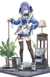 1girl absurdres alternate_costume apron bandaid bandaid_on_cheek bandaid_on_face black_ribbon black_thighhighs blue_hair blue_jacket blush broom commentary_request enmaided frilled_apron frills full_body green_hair hair_intakes hair_ribbon highres holding holding_broom jacket jersey_maid kuria_(clear_trip_second) lamp long_sleeves looking_at_viewer maid maid_headdress medium_hair mole mole_under_eye multicolored_hair nanashi_inc. o-ring o-ring_thigh_strap open_mouth painting_(object) pink_eyes plant potted_plant ribbon shoes smile sneakers solo suzumi_nemo thigh_strap thighhighs track_jacket two-tone_hair two_side_up unconventional_maid virtual_youtuber waist_apron white_apron white_shoes