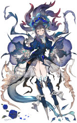 1girl artist_name au_ra blue_coat blue_eyes coat commission dated final_fantasy final_fantasy_xiv fusion gloves heterochromia highres horns kemomin_nosuke looking_at_viewer monster_girl purple_eyes scales skeb_commission solo tentacle_hair warrior_of_light_(ff14) white_gloves