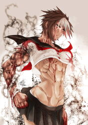 1girl abs bandaged_arm bandages black_sailor_collar black_skirt blood blood_on_breasts blood_on_clothes blood_on_face blood_on_hands breasts bright_pupils brown_eyes brown_hair clenched_hand commentary_request dark-skinned_female dark_skin detailed_knuckles fingernails highres long_fingernails magic natsume_(sabazios_no_akuma_no_toge) navel no_bra official_art sabazios_no_akuma_no_toge sailor_collar school_uniform serious shiny_skin short_hair signature skirt solo spiked_hair tan tanline thick_thighs thighs tomboy toned toned_female underboob unwrapping veins veiny_arms white_background zippedsquire