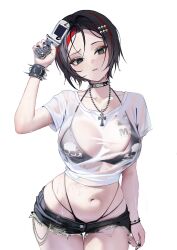 Rule 34 | 1girl, absurdres, bikini, bikini top under shirt, bikini under shorts, black bikini, black hair, black nails, black shorts, breasts, cellphone, commentary, cowboy shot, crop top, cross, cross necklace, crow (nikke), flip phone, goddess of victory: nikke, green eyes, highres, holding, holding phone, jewelry, large breasts, micro shorts, midriff, multicolored hair, navel, necklace, phone, red hair, see-through clothes, see-through shirt, shirt, short hair, shorts, solo, streaked hair, swimsuit, thighs, two-tone hair, uyuri (89976220), wet, wet clothes, wet shirt, white shirt