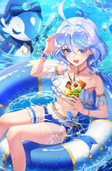 1girl :d adjusting_eyewear ahoge alternate_costume bikini blue-tinted_eyewear blue_bikini blue_eyes blue_hair blue_nails blush bracelet breasts coco_(cocown_77) collarbone commentary_request cowlick criss-cross_halter cup detached_sleeves drop-shaped_pupils eyewear_on_head food frilled_bikini_top frilled_thigh_strap furina_(genshin_impact) genshin_impact hair_between_eyes halterneck hand_up heart heart-shaped_eyewear heterochromia highres holding holding_cup innertube jewelry long_hair looking_at_viewer navel on_innertube open_mouth parfait small_breasts smile solo stomach sunglasses surintendante_chevalmarin swim_ring swimsuit symbol-shaped_pupils teeth thigh_strap tinted_eyewear upper_teeth_only water wet white_bikini