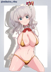 1girl absurdres alternate_costume bikini blue_eyes breasts cropped_legs frilled_sleeves frills gloves gold_bikini grey_hair hair_between_eyes highres juliet_sleeves kantai_collection kashima_(kancolle) large_breasts long_hair long_sleeves looking_at_viewer maid_headdress mikeira_rihu navel puffy_sleeves shrug_(clothing) sidelocks smile solo swimsuit twintails wavy_hair white_gloves
