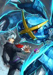 10s 1boy absurdres formal_clothes gen_3_pokemon grey_eyes highres jewelry master_ball mega_metagross mega_pokemon metagross nintendo poke_ball pokemon pokemon_(creature) pokemon_oras ring sa-dui silver_hair steven_stone