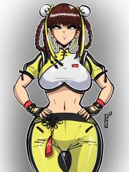 1girl belly braid breasts brown_eyes brown_hair crop_top dead_or_alive dead_or_alive_6 gloves highres large_breasts lei_fang multi-tied_hair navel paddy_g_(terrybrogard) pants shirt short_sleeves standing stomach white_shirt yellow_pants yellow_shirt