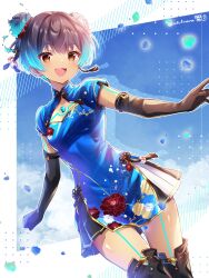 1girl black_gloves black_hair blue_dress blue_hair body_markings breasts cleavage cleavage_cutout clothing_cutout cowboy_shot dark-skinned_female dark_skin double_bun dress gloves hair_bun highres multicolored_hair sena_(xenoblade) short_hair small_breasts solo two-tone_hair ui_frara xenoblade_chronicles_(series) xenoblade_chronicles_3