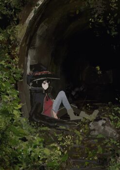Rule 34 | 1girl, absurdres, after rain, asymmetrical legwear, bandaged leg, bandages, black cape, bush, cape, day, dress, expressionless, grass, hat, highres, kono subarashii sekai ni shukufuku wo!, koukouya, megumin, mismatched legwear, on grass, outdoors, overgrown, red dress, red eyes, road, rock, scenery, shoes, short hair, short hair with long locks, single thighhigh, sitting, solo, thighhighs, tunnel, underground, witch hat