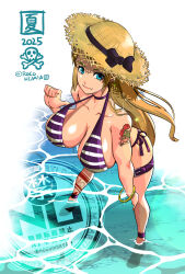 1girl arm_tattoo artist_name b._jenet beach bikini bikini_top_lift blonde_hair blue_eyes breasts cleavage clothes_lift fatal_fury feet garou:_mark_of_the_wolves hand_on_knee hand_on_own_knee hat highres large_breasts leaning_forward lifting_person long_hair looking_at_viewer ocean purple_bikini rocohisaya smile snk solo swimsuit tattoo teasing the_king_of_fighters water