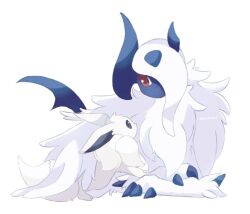 absol alternate_color animal_focus check_commentary closed_mouth commentary_request eevee gen_1_pokemon gen_3_pokemon horns lying mega_absol mega_pokemon nintendo no_humans pokemon pokemon_(creature) red_eyes shiny_pokemon simple_background sorashiramu white_background