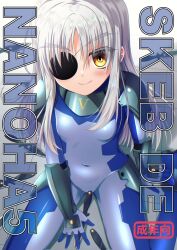 Rule 34 | 1girl, between legs, blue bodysuit, bodysuit, cinque (nanoha), commission, endori, eyepatch, hand between legs, highres, knife, long hair, looking at viewer, lyrical nanoha, mahou shoujo lyrical nanoha strikers, numbers&#039; uniform, numbers (nanoha), on floor, shoulder pads, sitting, skeb commission, skin tight, smile, solo, wariza, white hair, yellow eyes