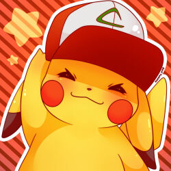 Rule 34 | ^ ^, bad deviantart id, bad id, baseball cap, blush stickers, closed eyes, closed mouth, commentary, english commentary, gen 1 pokemon, hand on headwear, happy, hat, nintendo, no humans, outline, pikachu, pokemon, pokemon (creature), red background, red hat, sevi (seviyummy), signature, smile, solo, star (symbol), striped background, two-tone hat, upper body, white hat, white outline