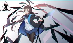 1girl :| amiya_(arknights) animal_ears arknights ascot black_coat black_pantyhose blue_ascot blue_coat blue_collar blue_eyes blue_shoes blue_skirt brown_hair chinese_commentary chromatic_aberration closed_mouth coat collar commentary_request floating_hair full_body gradient_background grey_background highres hood hood_down hooded_coat huo_jian_chong_rudao_76 jewelry jumping long_hair long_sleeves looking_at_viewer messy_hair miniskirt multiple_rings open_clothes open_coat originium_arts_(arknights) outstretched_arms pantyhose rabbit_ears rabbit_girl rhodes_island_logo_(arknights) ring shirt shoes skirt solo thumb_ring two-sided_coat two-sided_fabric white_shirt