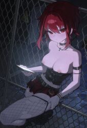 1girl absurdres arm_strap belt belt_collar black_belt black_boots black_camisole blush boots bracelet breasts camisole cellphone chain-link_fence closed_eyes clothes_pull collar commission cross cross_earrings cross_necklace earrings fence fingernails fishnet_thighhighs fishnets hair_between_eyes highres holding holding_phone jewelry large_breasts looking_at_viewer midriff miniskirt monoco55 nail_polish navel necklace nipples original phone plaid_clothes plaid_skirt pleated_skirt red_eyes red_hair red_nails red_skirt shirt_pull skirt smartphone solo standing standing_on_one_leg strap_slip studded_bracelet thighhighs torn_clothes torn_skirt torn_thighhighs