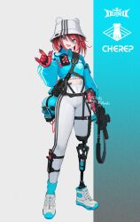 1girl absurdres black_hair blue_eyes blue_jacket cropped_jacket cyborg full_body gun hat highres holding holding_gun holding_weapon jacket looking_at_viewer mechanical_hands mihato_senba multicolored_hair open_mouth original prosthesis prosthetic_leg red_hair skull solo streaked_hair two-tone_hair weapon