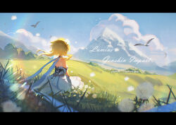 1girl ayiiiyiii bare_shoulders bird black_border blonde_hair border character_name cloud commentary_request copyright_name detached_sleeves dress flower from_behind genshin_impact grass hair_flower hair_ornament highres lumine_(genshin_impact) mountainous_horizon outdoors short_hair_with_long_locks sitting sky solo tree twitter_username white_dress white_flower