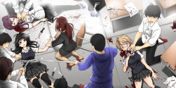 Rule 34 | 4girls, 5boys, belt, black hair, black legwear, black thighhighs, blonde hair, blood, blood on clothes, blood on face, brown hair, chair, classroom, commentary, crazy, death, desk, empty eyes, english text, erikku (kata235), from above, injury, knife, multiple boys, multiple girls, original, pantyhose, paper, polearm, ponytail, restrained, sasumata, school, see-through clothes, see-through legwear, shoes, thighhighs, uwabaki, weapon, zettai ryouiki