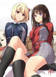 2girls abo_(hechouchou) black_eyes black_socks blonde_hair blue_hair blue_ribbon cosplay costume_switch dog dress feet_out_of_frame folded_hair grey_dress inoue_takina inoue_takina_(cosplay) long_hair looking_at_viewer lycoris_recoil lycoris_uniform multiple_girls nishikigi_chisato nishikigi_chisato_(cosplay) one_side_up pleated_dress purple_eyes red_dress red_eyes ribbon short_hair smile socks two-tone_dress white_background