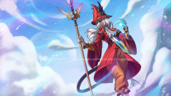1girl alanscampos animal_ears armor ascot breastplate burmecian cloud dragoon final_fantasy final_fantasy_ix freija_crescent furry furry_female green_eyes hat high_collar highres jacket long_hair long_jacket magic mouse_tail polearm red_jacket ribbon sharp_nails sky snout solo spear tail tail_ornament tail_ribbon weapon white_hair