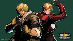 Rule 34 | 2boys, blonde hair, blue eyes, capcom, crossover, facial hair, fatal fury, fatal fury: city of the wolves, fingerless gloves, gloves, highres, jacket, ken masters, looking at viewer, male focus, multiple boys, muscular, muscular male, official art, red eyes, red jacket, rock howard, senno aki, shirt, short hair, smile, snk, street fighter, street fighter 6, thick eyebrows