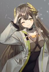 1girl arknights arm_strap black_sleeves bow bowtie breasts floating_hair flower green_bow green_bowtie green_ribbon grey_sleeves lens_flare long_hair looking_at_viewer medium_breasts muelsyse_(arknights) necktie pink_sleeves print_necktie ribbon rose short_necktie solo very_long_hair vesper_(pixiv3568) white_flower white_rose wing_collar