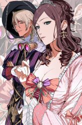 Rule 34 | 1boy, 1girl, :o, ace attorney, alternate breast size, alternate costume, alternate hairstyle, amikoiiko, apollo justice: ace attorney, arm under breasts, balance scale, binoculars, black hat, black jacket, blonde hair, breasts, brown hair, capelet, chain, chaperon hat, closed eyes, collarbone, crossed arms, dark-skinned male, dark skin, dress, drill hair, earrings, ema skye, embroidered dress, embroidery, fingernails, floral embroidery, floral print, frilled dress, frilled sleeves, frills, gold embroidery, gold jacket, green eyes, half updo, hat, highres, holding, holding binoculars, initial, jacket, jewelry, klavier gavin, lace, lace-trimmed dress, lace trim, large breasts, layered dress, light smile, long fingernails, long hair, long sleeves, looking at viewer, lorgnette, mismatched eyebrows, multicolored jacket, opera glasses, pants, pink dress, pink lips, pink ribbon, puff and slash sleeves, puffy pants, puffy sleeves, purple jacket, purple pants, purple ribbon, raised eyebrow, red jacket, renaissance clothes, ribbon, single earring, sternocleidomastoid muscle, striped clothes, striped pants, tiara, upper body, vertical-striped clothes, vertical-striped pants, wavy hair, weighing scale, white capelet, white ribbon, yellow brooch, yellow pants, zoom layer