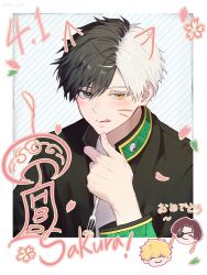 3boys :p black_eyes black_hair black_jacket blonde_hair border brown_hair character_name chibi closed_eyes diagonal-striped_background earrings eyepatch falling_petals finger_to_own_chin happy_birthday heterochromia high_collar highres jacket jewelry light_blush light_smile long_sleeves looking_at_viewer male_focus multicolored_hair multiple_boys nirei_akihiko one_eye_closed open_clothes open_jacket petals sakura_haruka_(wind_breaker) shirt short_hair solo solo_focus soru_2023 split-color_hair striped_background suo_hayato tassel tassel_earrings tongue tongue_out white_border white_hair white_shirt wind_breaker_(nii_satoru) yellow_eyes