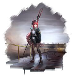 1girl absurdres arknights armor black_boots black_hat black_jacket boots brown_thighhighs closed_mouth collared_shirt commentary english_commentary expressionless full_body hair_between_eyes hand_in_pocket hat highres holding holding_weapon horns infection_monitor_(arknights) jacket knee_boots knee_pads long_hair long_sleeves looking_to_the_side ofallx open_clothes open_jacket outdoors pointy_ears red_eyes red_hair red_horns shirt single_knee_pad solo standing thighhighs twitter_username very_long_hair vigna_(arknights) weapon white_shirt