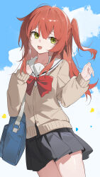 1girl :d absurdres bag black_skirt blue_sky bocchi_the_rock! bow brown_cardigan cardigan cloud commentary_request day green_eyes hair_between_eyes hands_up highres kita_ikuyo long_hair long_sleeves one_side_up open_mouth pleated_skirt puffy_long_sleeves puffy_sleeves red_bow red_hair sailor_collar school_bag school_uniform serafuku shirt skirt sky sleeves_past_wrists smile solo teketi white_sailor_collar white_shirt